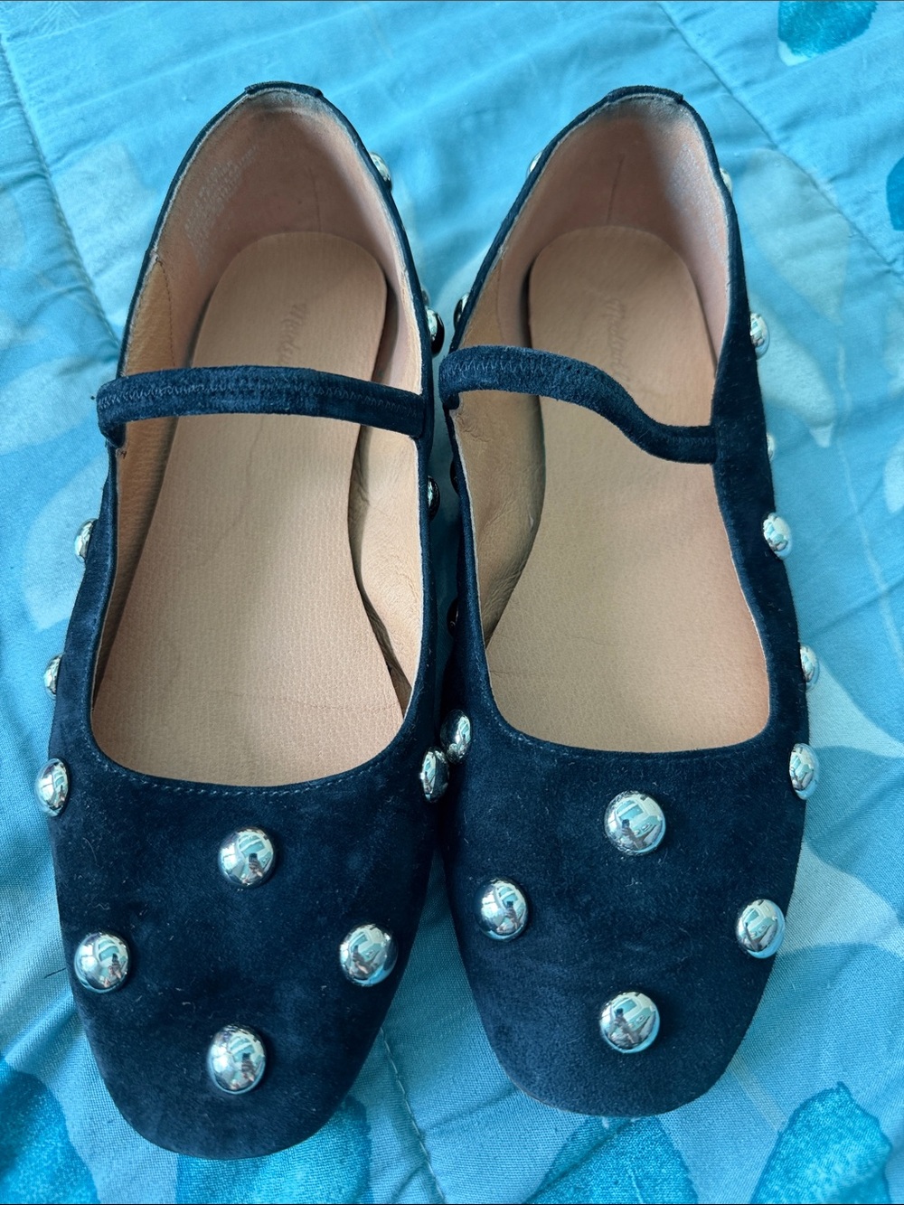 Madewell Greta Navy Blue Suede Mary Jane Flats with Silver Studs